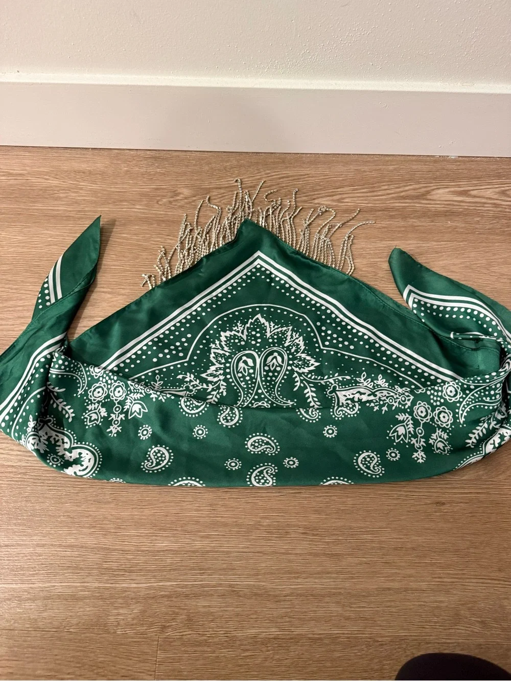 Green Paisley Fringe Silk Scarf